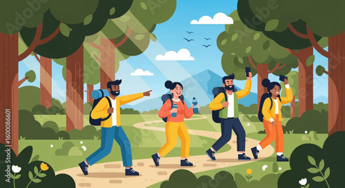 Diverse group of friends hiking together on a scenic forest trail under a sunny sky