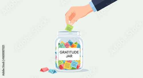 Person adds a note to a gratitude jar filled with colorful papers and positive thoughts.