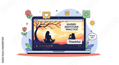 Laptop displaying guided gratitude practice with meditating figure and nature scene