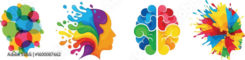 Colorful abstract representations of human minds and brains showcasing creativity and thought