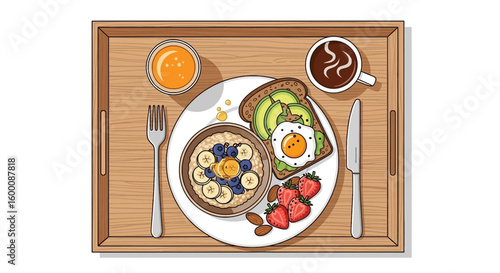 Delicious and healthy breakfast spread with oatmeal, avocado toast, fruit, and coffee on a wooden tray.