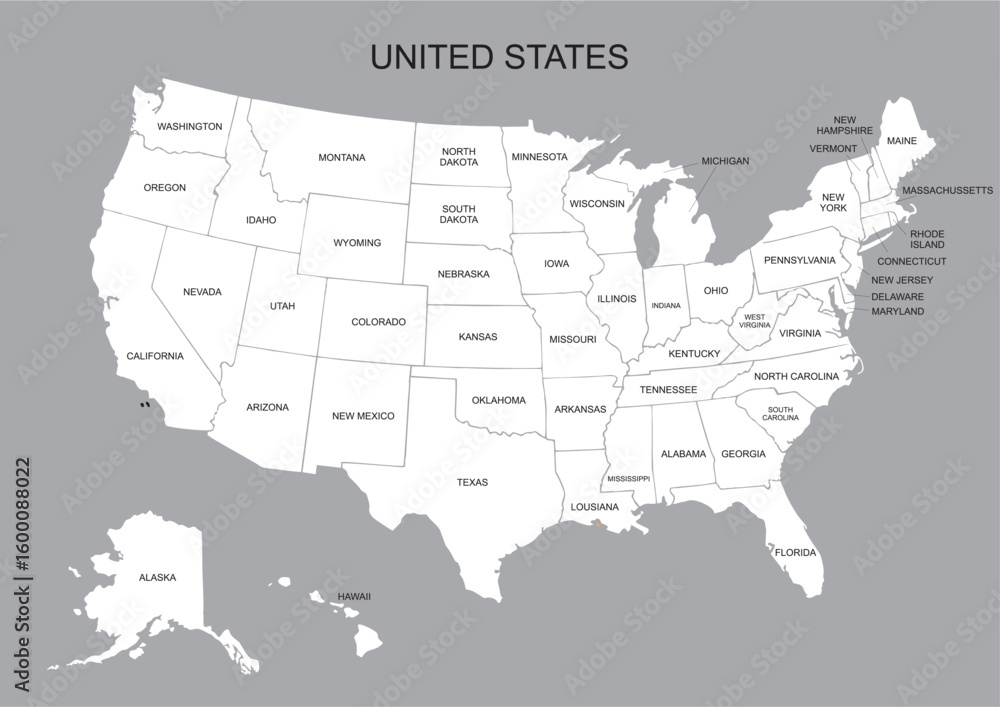 Fototapeta USA map white color - United State of America vector illustration map with all state names - Poster of administrative map of USA, States and geographical borders.