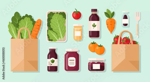 Healthy groceries including fresh vegetables, fruits, and jars of preserves in paper bags.