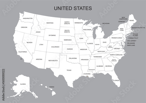 USA map white color - United State of America vector illustration map with all state names - Poster of administrative map of USA, States and geographical borders.