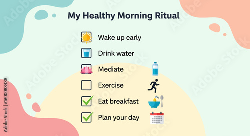 Healthy Morning Ritual Checklist with Icons for Wellness and Productivity