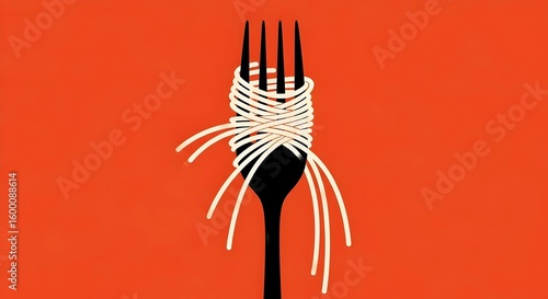 VINTAGE retro-inspired ILLUSTRATION of a black fork and the tines are wrapped in soft cream-colored spaghetti. flat, minimalist, burnt orange background,  classic, texture, concept, vintage food 