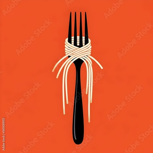 VINTAGE retro-inspired ILLUSTRATION of a black fork and the tines are wrapped in soft cream-colored spaghetti. flat, minimalist, burnt orange background,  classic, texture, concept, vintage food 