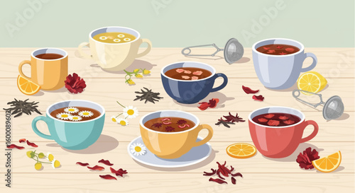 Assortment of colorful cups filled with various herbal teas and garnishes on a wooden surface.