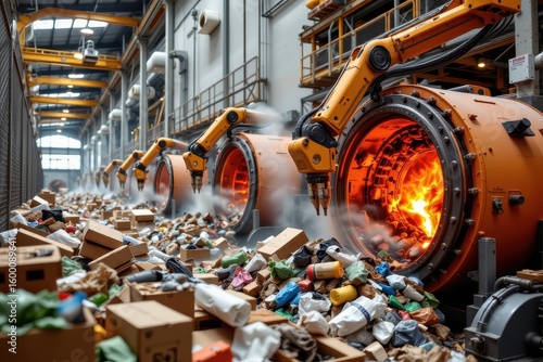 advanced thermal treatment facility with robotic feeding arms placing sorted waste into pyrolysis and gasification chambers