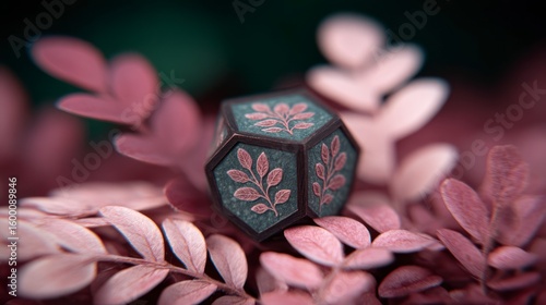 Macro photograph of an ornate dodecahedron die with etched botanical designs nestled among soft blurred foliage