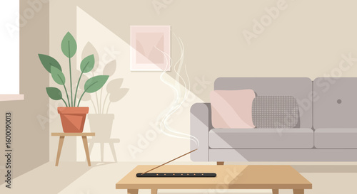Cozy living room with incense and plants bathed in gentle sunlight creating a peaceful atmosphere.