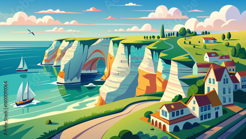 panoramic Majestic white cliffs of Étretat rise above the shimmering sea, arching elegantly into blue sky. Gentle waves kiss the shore below, creating a serene, iconic summer coastal vector scene.