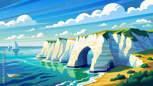 panoramic Majestic white cliffs of Étretat rise above the shimmering sea, arching elegantly into blue sky. Gentle waves kiss the shore below, creating a serene, iconic summer coastal vector scene.