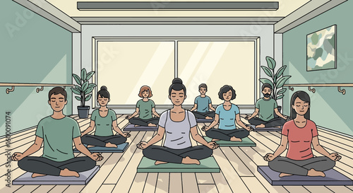 Group of diverse people meditating peacefully in a yoga studio class.