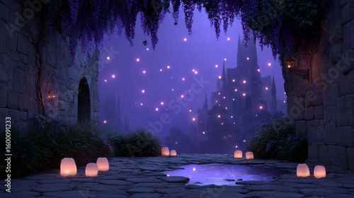 Stone courtyard with hanging purple flowers and floating lanterns at dusk