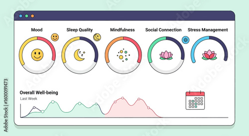 Digital wellness dashboard tracking mood sleep mindfulness social connection stress management and overall well-being