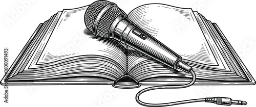 Microphone resting on an open book, symbolizing spoken word, performance, or storytelling