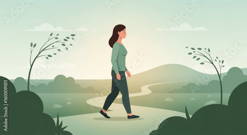 Woman walking calmly on a winding path through a serene, stylized landscape with trees and hills.