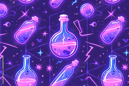 Magical neon potion bottles pattern with mystical purple laboratory chemistry elements