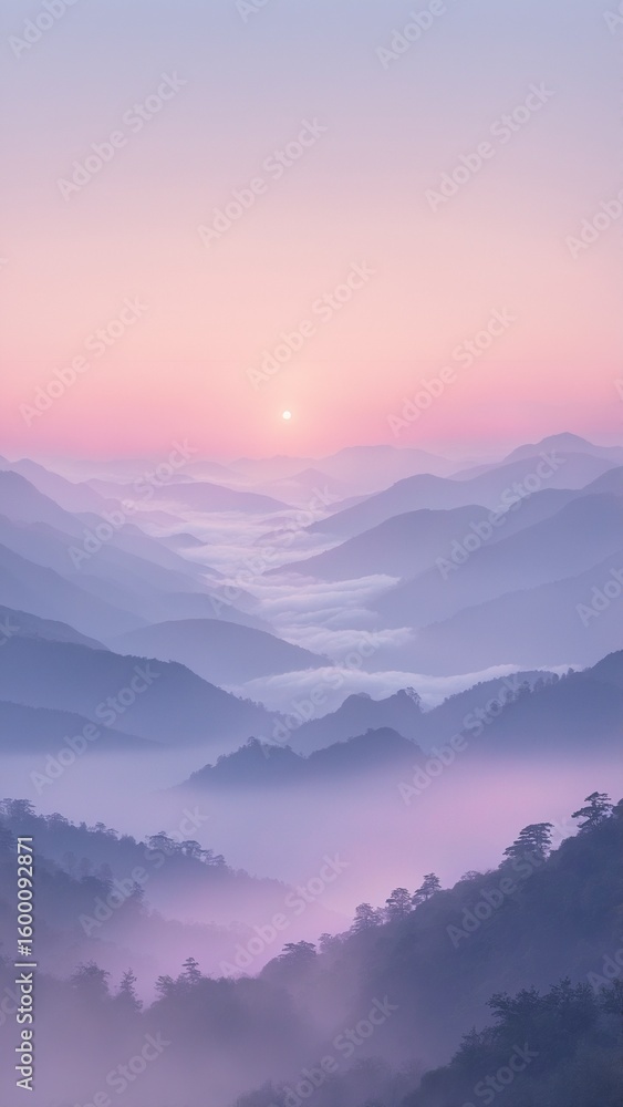 Fototapeta premium Pastel Sunrise Over Foggy Mountains