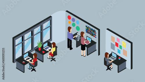 Isometric view of office space with employees working at desks with computers and colorful wall decor