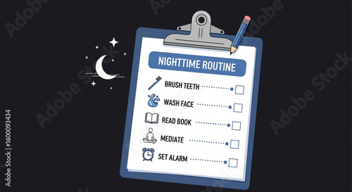 Nighttime routine checklist with moon and stars elements, healthy habits, self-care, planning