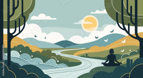 Person meditating in serene landscape with river, mountains, sun, and butterflies