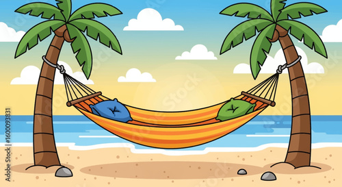 Relaxing hammock between palm trees on a sunny beach with ocean waves and clouds