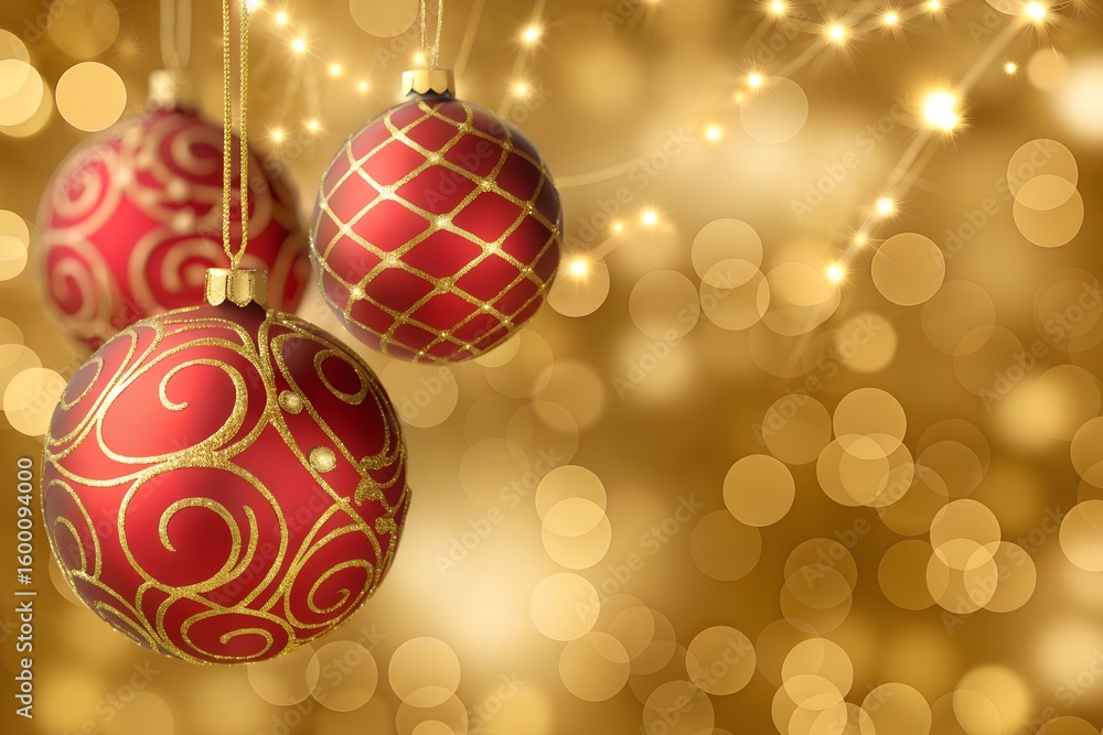 Fototapeta premium Elegant Red and Gold Christmas Ornaments with Sparkling Holiday Lights