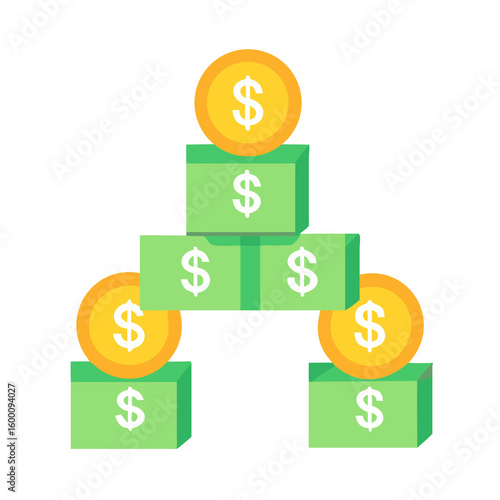 Money Pyramid Illustration with Coins and Bills for Financial Growth and Investment Concepts, Featuring a Structured Wealth Accumulation Design on a Transparent Background