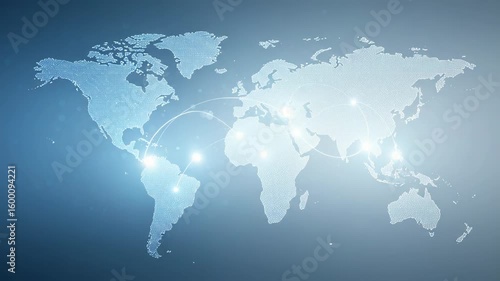 A digital world map illustrates global network connections and international business communications
