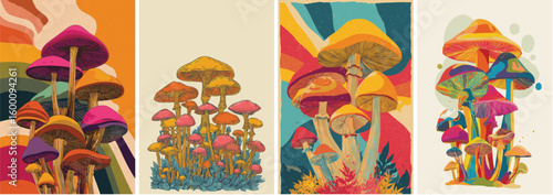 Vintage retro mushroom poster print design.  Retro hippie psychedelic mushroom illustration