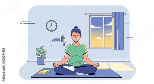 Woman practicing meditation and deep breathing exercises in a calm room near a window.