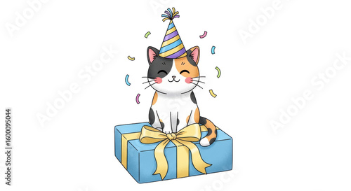 Isolated Birthday Cat on Gift