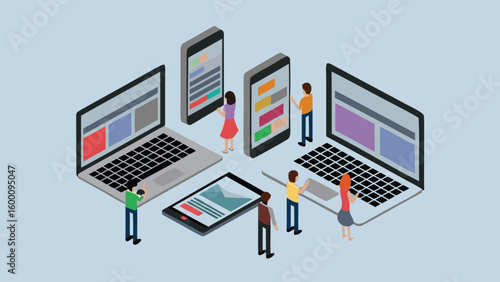Isometric view of people interacting with laptops smartphones and a tablet device in a group setting