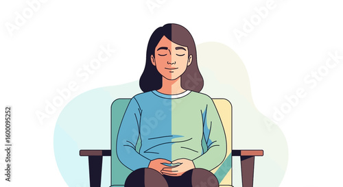 Woman meditating peacefully in a chair, eyes closed, calm and serene expression