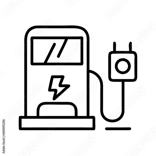 A clean line art illustration of an electric vehicle charging station with a plug and cable