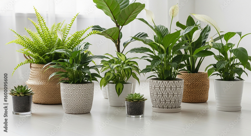 Fototapeta premium Collection of various houseplants in pots isolated on white background
