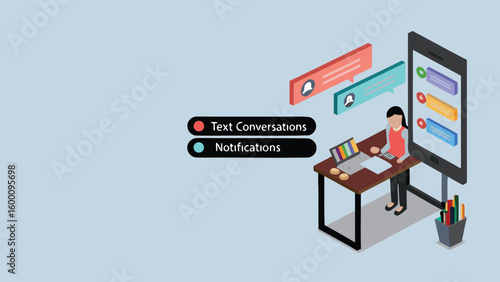 Isometric view of a woman at a desk with laptop, phone, and text message notifications shown above