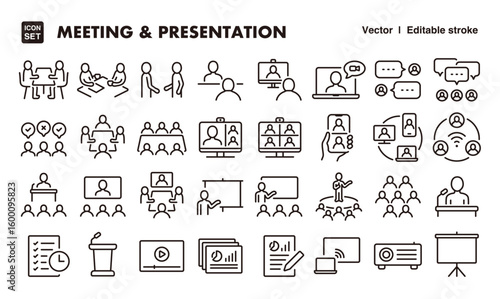 Meeting and presentation line icon set. Vector editable stroke icon.