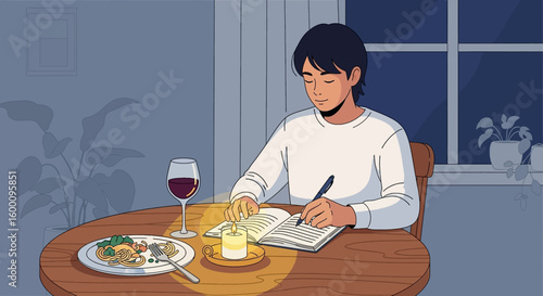 Young man enjoys a solitary evening meal and journaling by candlelight with a glass of wine.