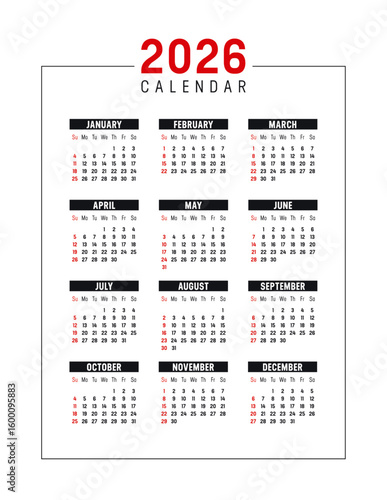 Year 2026 red black vertical calendar on white background, vector template in English