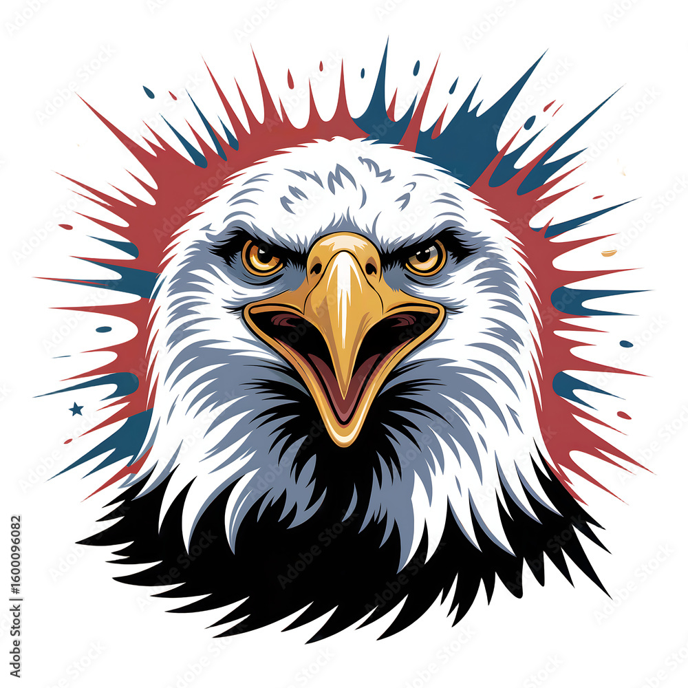 Fototapeta premium Fierce bald eagle head with red white and blue abstract explosion isolated on a transparent background
