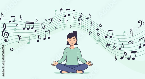 Woman meditating peacefully surrounded by flowing musical notes and staff lines
