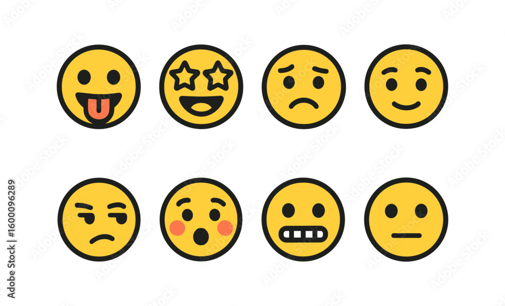 Fototapeta premium Emoji set showcasing diverse facial expressions in flat design