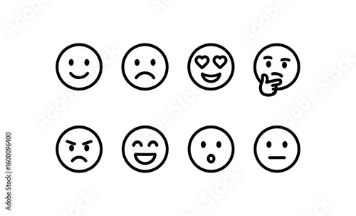 Set of eight simple emoji faces showing various emotions