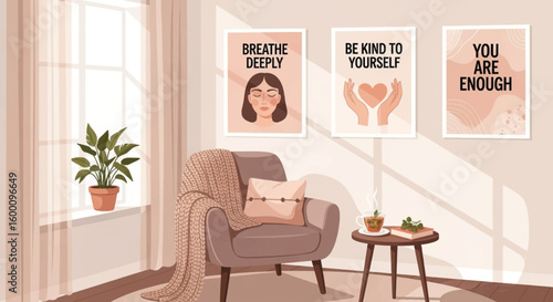 Cozy room with inspirational wall art promoting self-care and mindfulness, featuring a comfortable armchair and a plant.