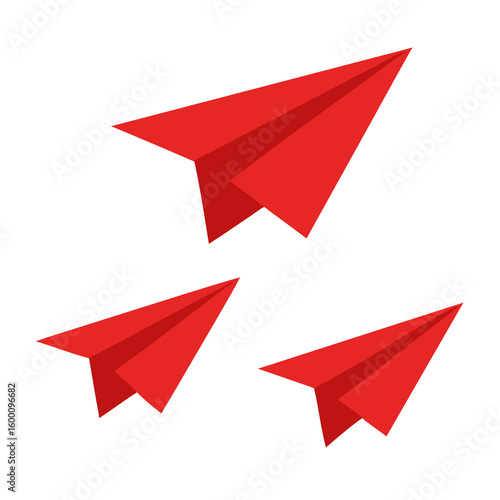 Crimson Paper Planes: A Dynamic Trio of Red Paper Airplanes in Flight, Ideal for Concepts of Travel, Innovation, and Childhood Imagination