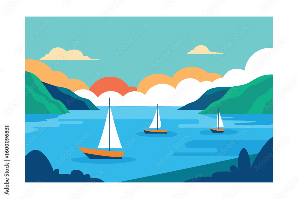 Naklejka premium Scenic View Of A Calm Bay With Sailboats