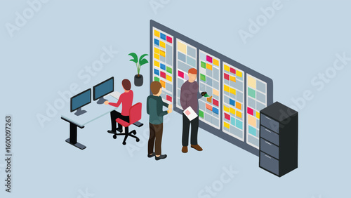 Isometric view of three people in an office discussing tasks on a kanban board and working at a desk